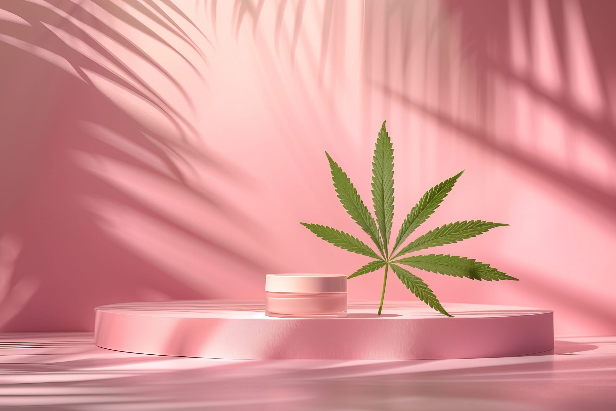 An elegant, minimalist studio shot featuring one cosmetic item showcased against a flat, soft pastel background. The product is accompanied by a delicate marijuana leaf, subtly integrated to add a refined botanical accent. The lighting is soft, designed to cast a flattering glow that emphasizes the product's texture and hue --ar 3:2 --stylize 300 --v 6 Job ID: c8486a3d-4f54-4c7b-aa2b-35f0d1868c8d